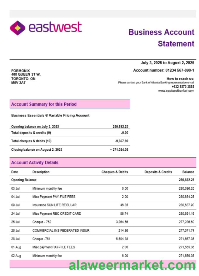 EastWest business firm account statement Word snd PDF format